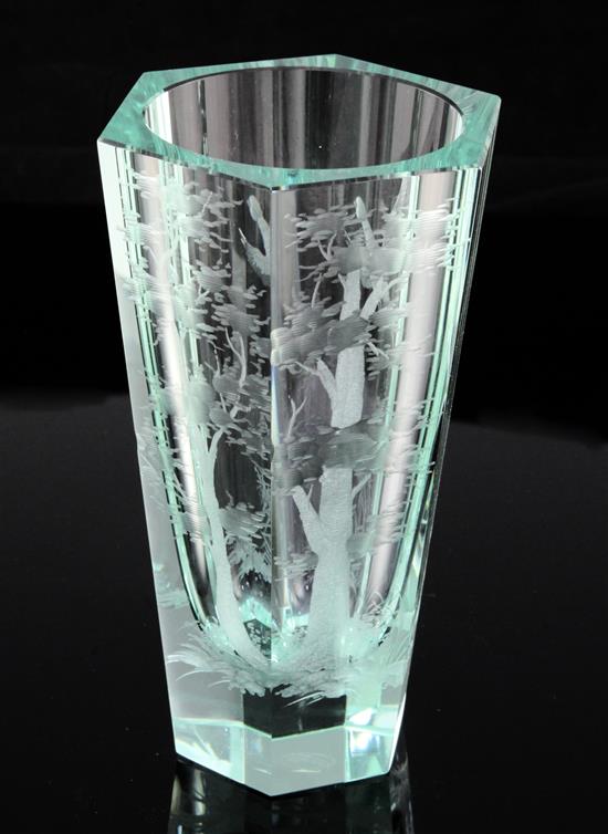 A Moser green tinted glass tapering hexagonal vase, 16.2cm.